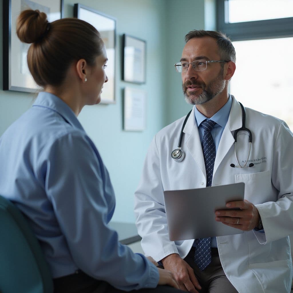 Clinician reviewing imaging with a patient during a follow-up visit