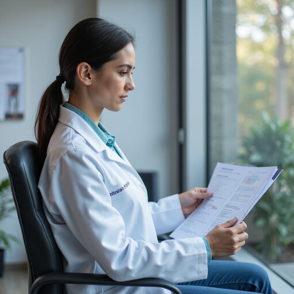 Physician reviewing medical documents in a clinical office